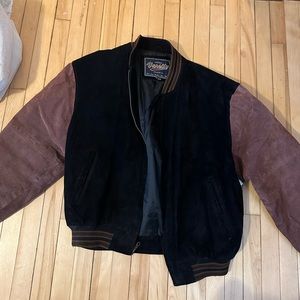 Oversize vintage, varsity jacket, brown, and black